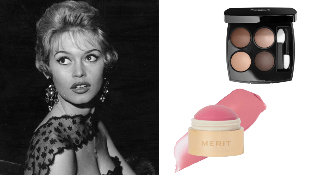 brigitte bardot in london, January 1958; a brown eyeshadow palette and  cheek balm from merit over white background