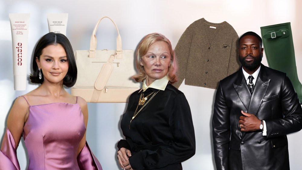 selena gomez, pamela anderson, and dwyane wade overlaid on a background of gift ideas, including a weekender bag and a sweater