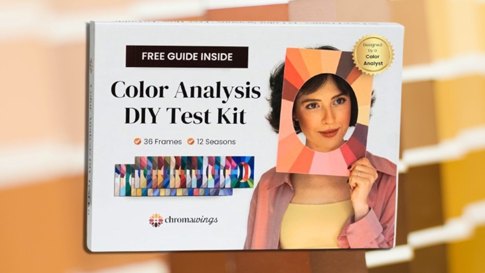 color analysis test sold by amazon overlaid on a background of brown paint swatches lined up in rows
