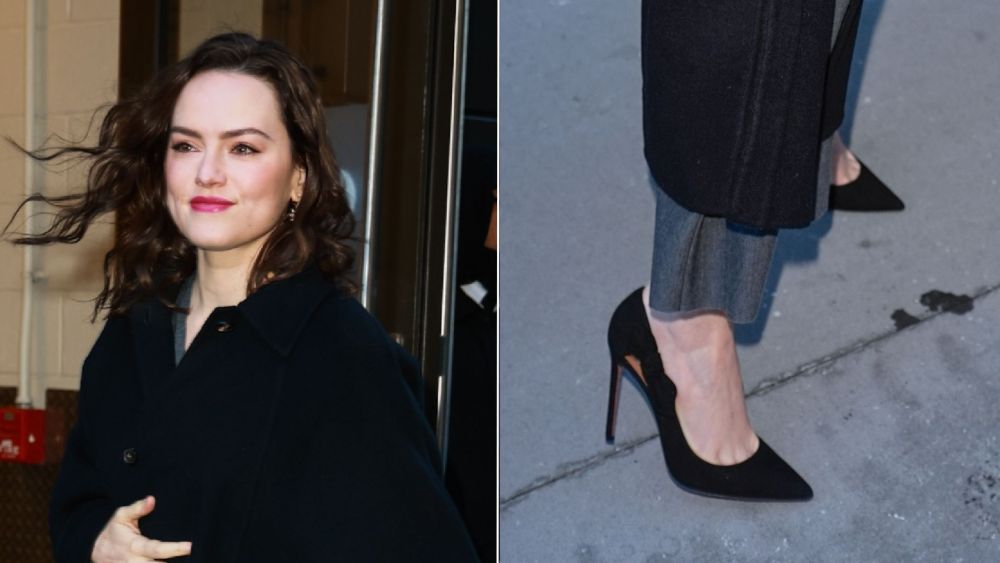 Daisy Ridley wears Aquazzura Very Bow Tie Suede Pumps in black while out in New York City on Monday.