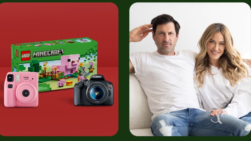 a curation of gifts including two cameras and a minecraft building set over a red background; Peta Murgatroyd and Maksim Chmerkovskiy posing for a photo together