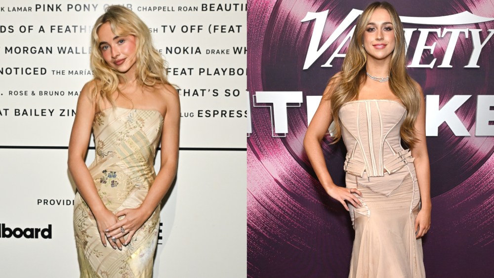 Sabrina Carpenter in Ralph Lauren, left, and Tate McRae in Versace at Variety Hitmakers 2025 on Dec. 6, 2025 in Los Angeles.