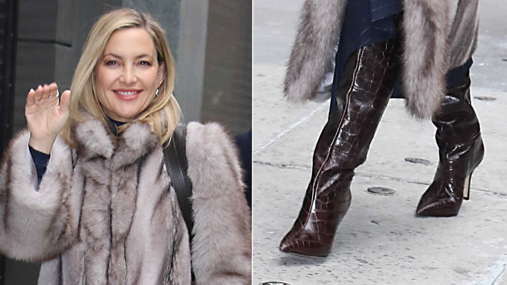 Kate Hudson continued her knee-high boot streak in croc-embossed Schutz Maryana boots on Wednesday in New York City.