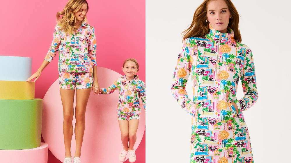a woman and girl model showing off pieces from the new lilly pulitzer x disney collection; female model wearing bright mickey mouse-printed dress from lilly pulitzer