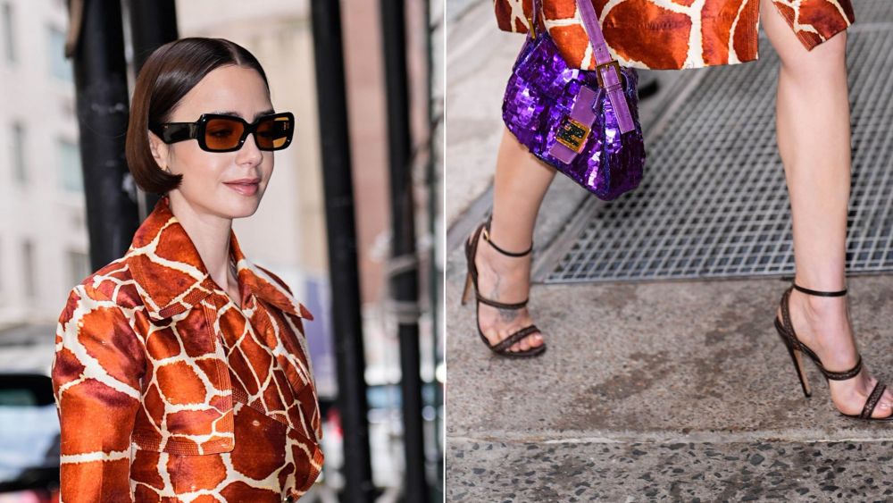 Lily Collins paired strappy woven stiletto sandals with a vintage Cavalli giraffe print jacket while out in New York on Wednesday.