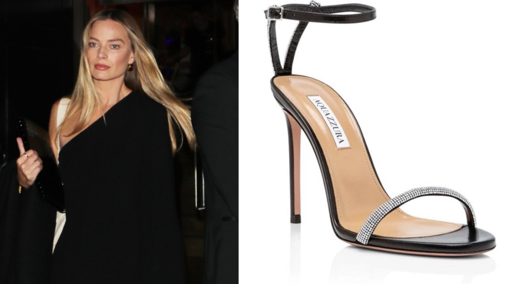 Margot Robbie wore Aquazzura shoes while attending War Child gala dinner on Thursday in London.