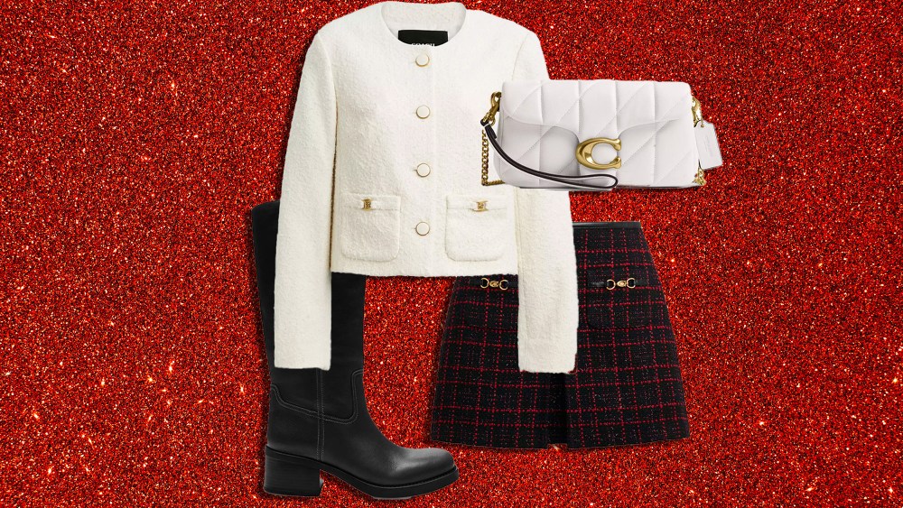 coach NYE outfit composed of tabby bag, tweed skirt, boots, and boucle jacket over sparkly red background