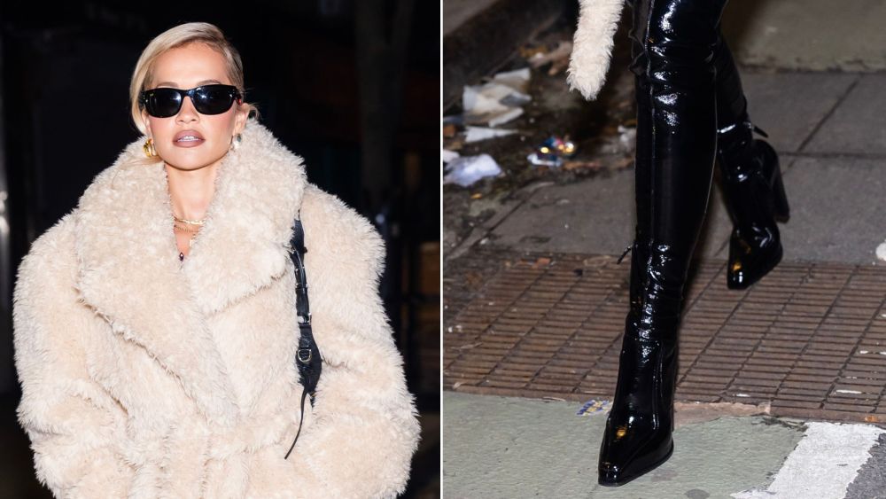 Rita Ora paired black glossy thigh-high heeled boots and a cream teddy coat while out in New York City on Tuesday night.