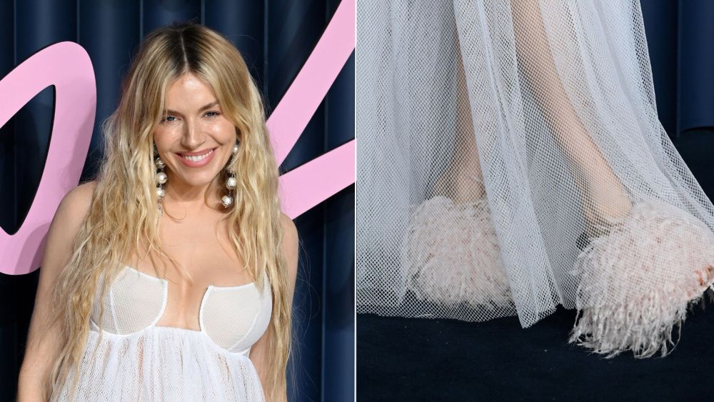 Sienna Miller in Givenchy high-pile textured blush mule shoes and a diamond-net dress from the same collection at the 2025 Fashion Awards in London on Monday.