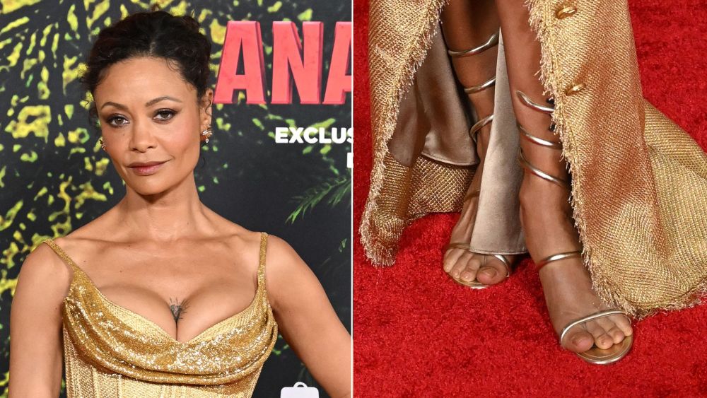 Thandiwe Newton wore metallic gold René Caovilla Cleo Sandals, which feature serpent ankle wrap details, at the Los Angeles premiere of "Anaconda" on Saturday night.
