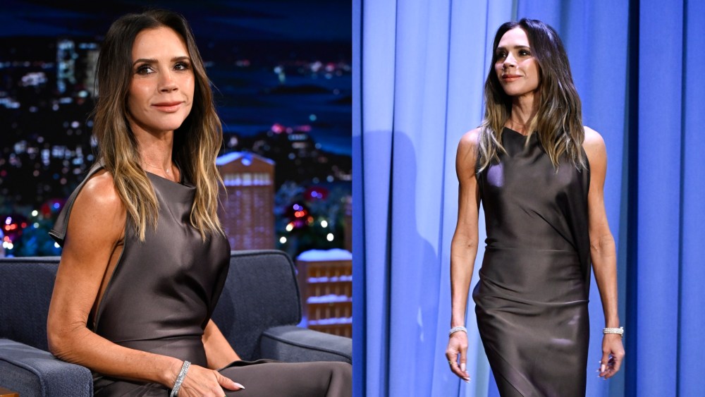 Victoria Beckham wears a look from her label's pre-fall 2026 collection on "The Tonight Show Starring Jimmy Fallon" in New York City on Dec. 9, 2025.