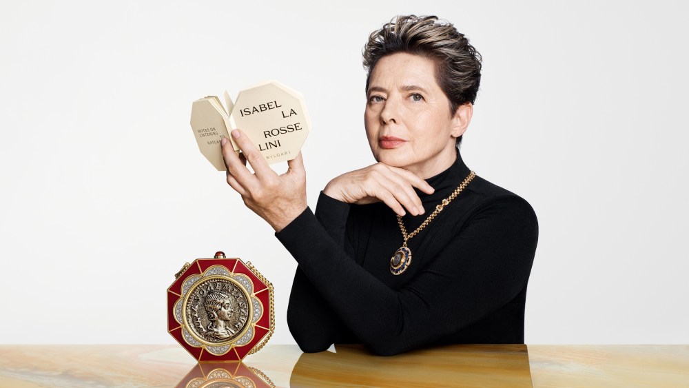 Isabella Rossellini in the campaign for the Bulgari Icons Minaudière collection.