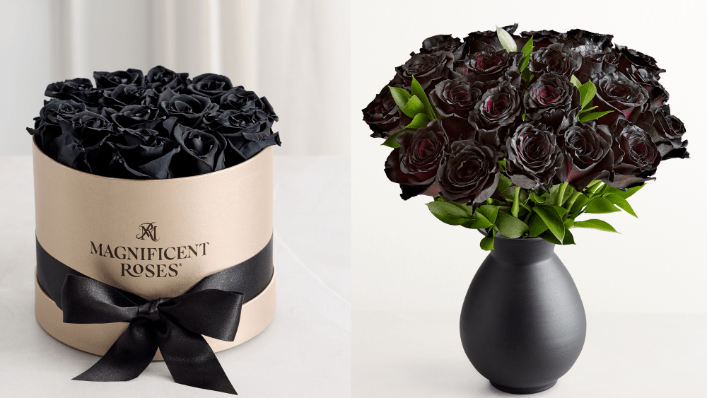 two black rose bouquet types from 1-800-flowers, including an eternity roses hatbox and a black vase filled with many stems of roses