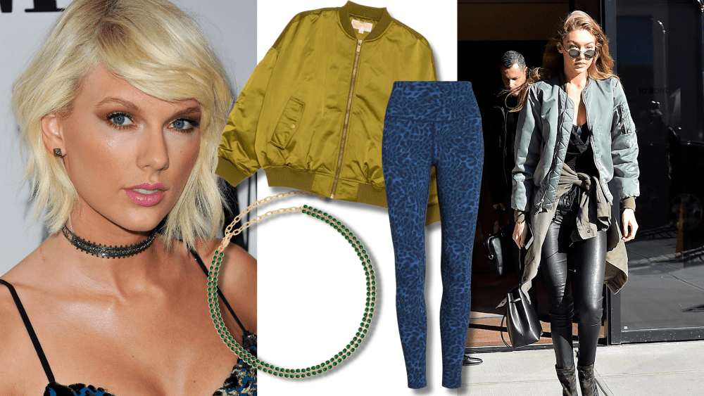 taylor swift and gigi hadid pictured circa 2016, next to a satin bomber jacket, printed leggings, and fancy choker necklace