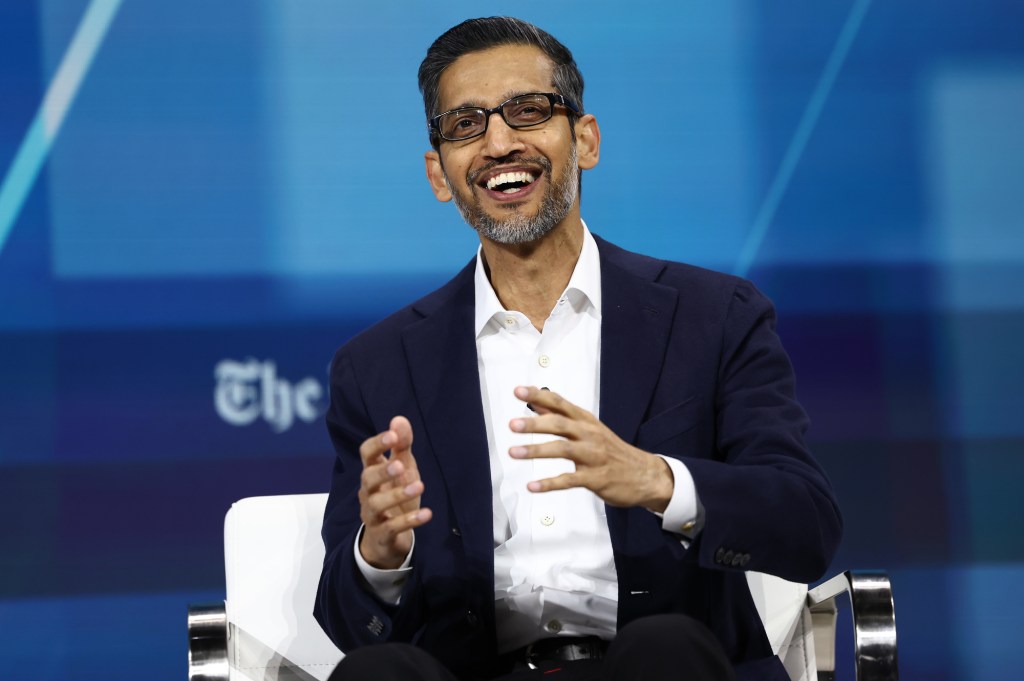 Sundar Pichai, C.E.O. of Google and Alphabet, speaks during the New York Times annual DealBook summit at Jazz at Lincoln Center on December 04, 2024 in New York City. The NYT summit with Andrew Ross Sorkin returns with interviews on the main stage including Sam Altman, co-founder and C.E.O. of OpenAI, Jeff Bezos, founder and executive chairman of Amazon and owner of the Washington Post, former U.S. President Bill Clinton and Prince Harry, The Duke of Sussex, among others. The discussions will touch on topics such as business, politics and culture.