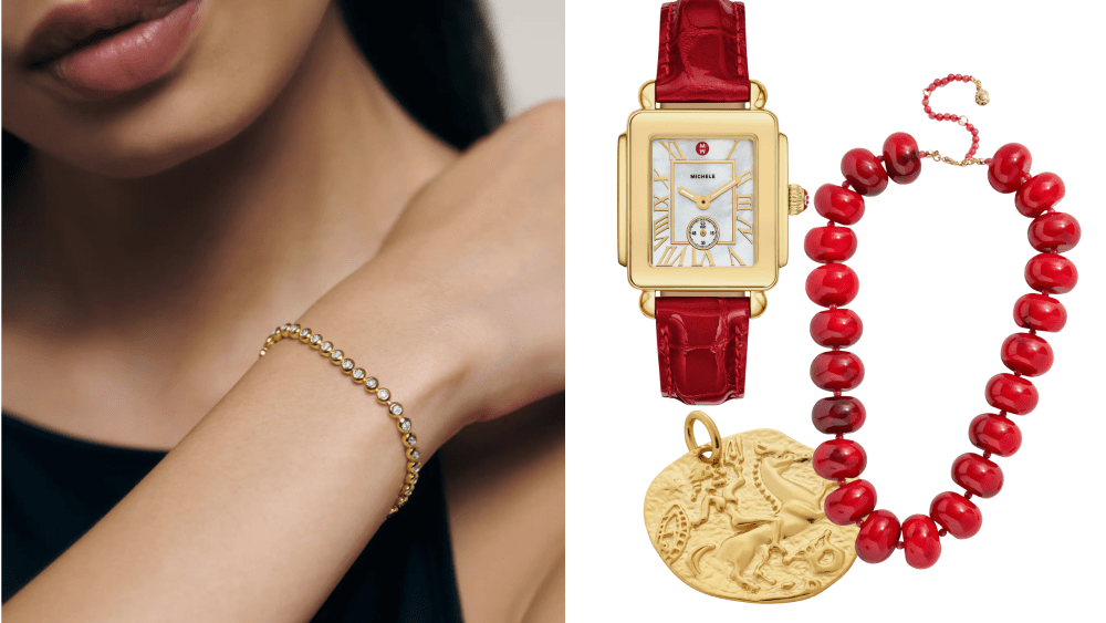 female model showing off a diamond tennis bracelet on her wrist; an assortment of jewelry found online at nordstrom, including watch, beaded necklace, and roman coin charm