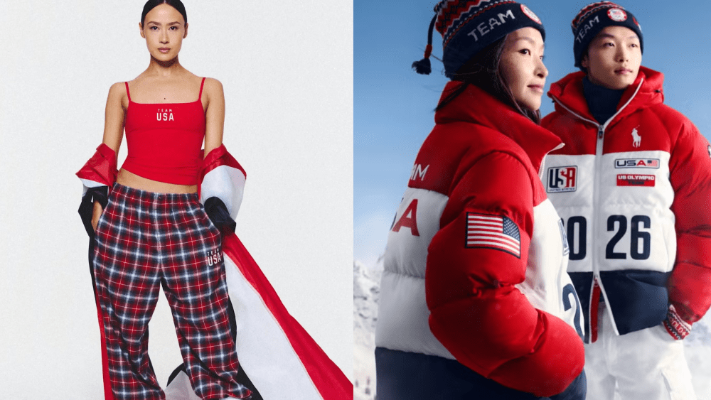 athelete madison chock posing in skims team usa 2026 gear, including flannel pants; two athletes dressed in team usa puffers and hats from ralph lauren