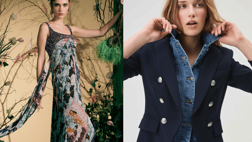 model standing in a branch-filled setting while wearing ornate evening gown; model posing in a sharp blazer over a denim top