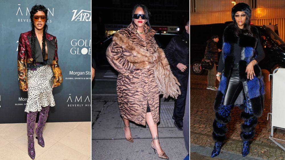 Teyana Taylor, Rihanna and Angel Reese modeling the animal print shoe trend.
