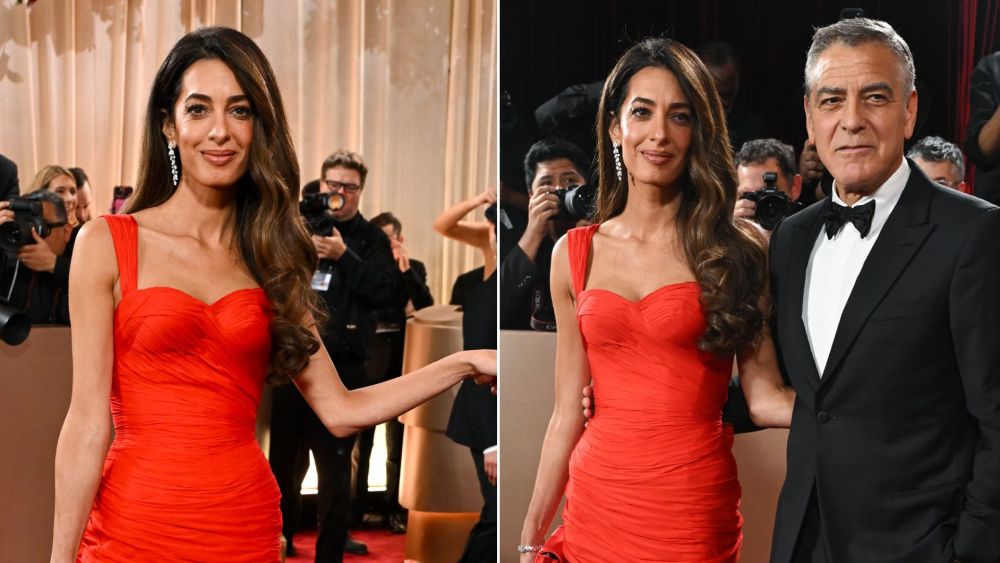Amal Clooney in a ruched red dress at the 2026 Golden Globes red carpet.