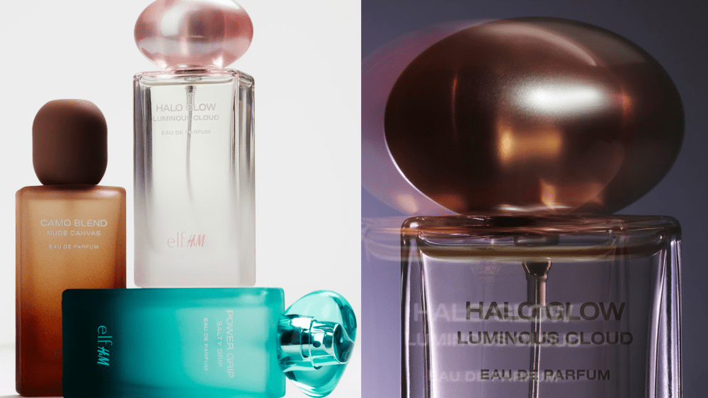 three new perfumes from e.l.f. x H&M collaboration resting one on top of the other; close-up shot of Halo Glow perfume over a dark purple background