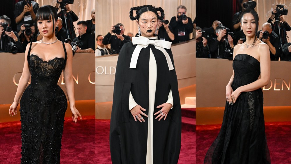 Rei Ami, Audrey Nuna and Ejae in designs by Thom Browne and Valdrin Sahiti at the 83rd Annual Golden Globes on Jan. 11 in Beverly Hills, Calif.