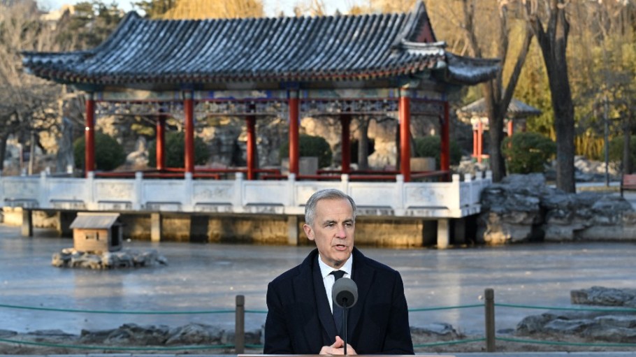 Canada's Prime Minister Mark Carney speaks during a press conference at Ritan Park in Beijing on Jan. 16.