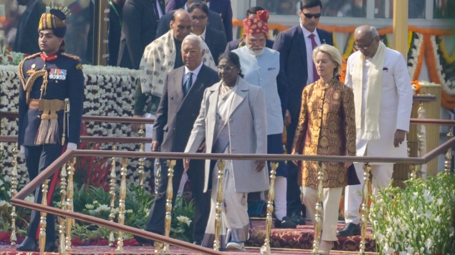 Prime Minister Narendra Modi, President of the European Council Antonio Luis Santos da Costa , President of the European Commission Ursula von der Leyen, President Droupadi Murmu, Vice-President C. P. Radhakrishnan and Defence Minister Rajnath Singhduring the 77th Republic Day parade Celebration at Kartavya Path on January 26, 2026 in New Delhi, India.
