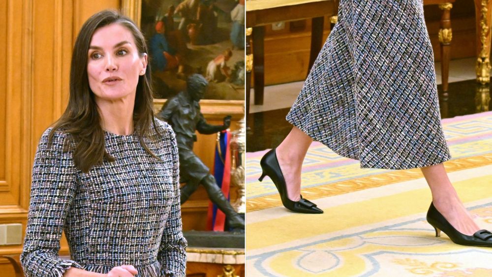 Queen Letizia wore her go-to Magrit low-heel buckle pumps with a tweed dress during a FUDEN visit in Madrid on Tuesday.