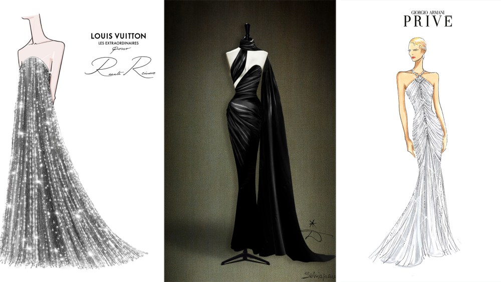 Golden Globes 2026 Designer Sketches: Sketches from Louis Vuitton, Schiaparelli and Giorgio Armani for the Golden Globes 2026.