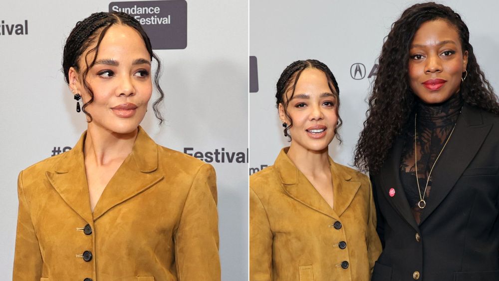 Tessa Thompson wears a toffee suede Khaite jacket and pants next to her "Hedda" director Nia Dacosta at Sundance's Robert Redford tribute on Friday night.