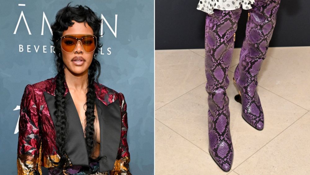 Teyana Taylor wearing a head-to-toe look straight off the Nina Ricci spring 2026 ruway, including her purple snakeskin boots, at Variety & Golden Globes Pre-Golden Globes Party on Friday night.