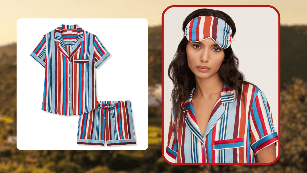 two images, one as still of a short-sleeved pajama set and the other an on-model shot of the viceroy x petite plume sleep mask, layered over a background image of the viceroy in portugal