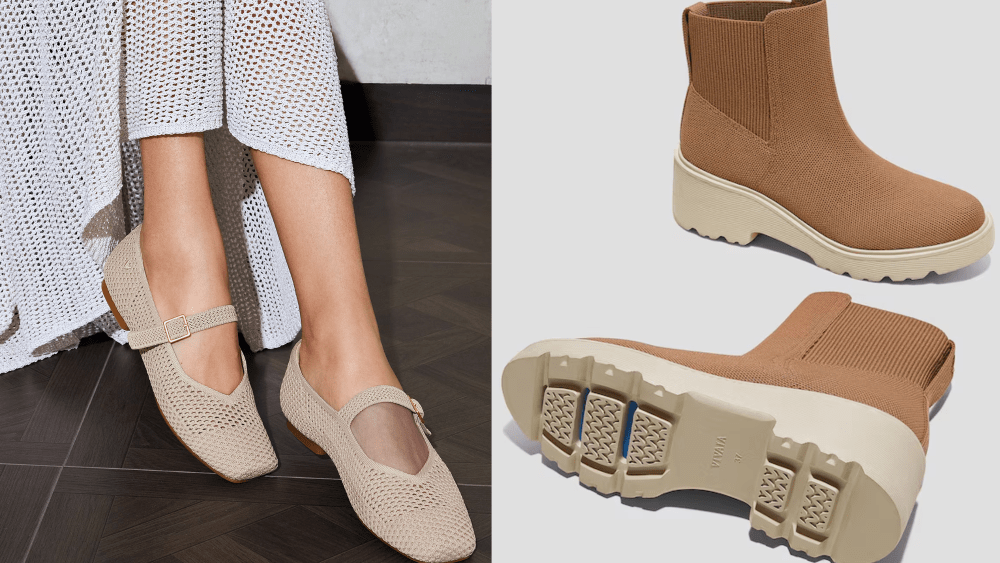 model wearing vivaia's mary janes in an almond-colored mesh finish; a pair of vivaia boots in a light brown color pictured, with one standing upright and the other on its side