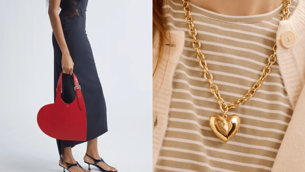 model holding red, heart-shaped coperni bag; model wearing heart-shaped baublebar pendant necklace with a striped shirt