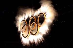 The Olympic rings come together as a fireworks display is seen during the opening ceremony of the Milano Cortina 2026 Winter Olympics.