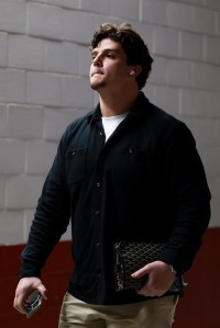 Will Campbell #66 of the New England Patriots arrives at Levi's Stadium prior to Super Bowl LX against the Seattle Seahawks on February 08, 2026 in Santa Clara, California.