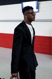 Jaylinn Hawkins #21 of the New England Patriots arrives prior to Super Bowl LX against the Seattle Seahawks at Levi's Stadium on February 08, 2026 in Santa Clara, California.