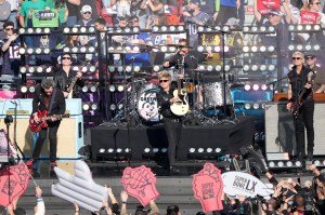 Green Day performs prior to the start of Super Bowl LX between the Seattle Seahawks and the New England Patriots at Levi's Stadium on February 08, 2026 in Santa Clara, California.