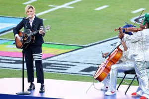 Brandi Carlile performs "America the Beautiful" during Super Bowl LX at Levi's Stadium on February 08, 2026 in Santa Clara, California.