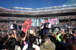 Super Bowl MVP's Peyton Manning, Tom Brady, Jalen Hurts and Steve Young onstage with Green Day prior to Super Bowl LX between the Seattle Seahawks and the New England Patriots at Levi's Stadium on February 08, 2026 in Santa Clara, California.
