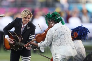 Brandi Carlile (L) performs "America the Beautiful" during Super Bowl LX between the Seattle Seahawks and the New England Patriots at Levi's Stadium on February 08, 2026 in Santa Clara, California.