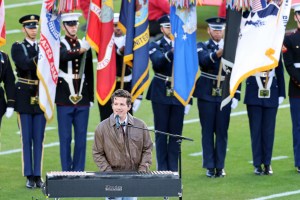Charlie Puth performs the National Anthem during Super Bowl LX at Levi's Stadium on February 08, 2026 in Santa Clara, California.