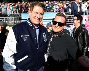 Steve Young and Tré Cool attend the Super Bowl LX Pregame at Levi's Stadium on February 08, 2026 in Santa Clara, California.