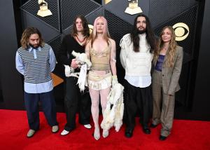 Ellis Durand, Henry Holmes, Rhian Teasdale, Joshua Mobarak and Hester Chambers of Wet Leg at the 68th GRAMMY Awards held at the Crypto.com Arena on February 01, 2026 in Los Angeles, California.