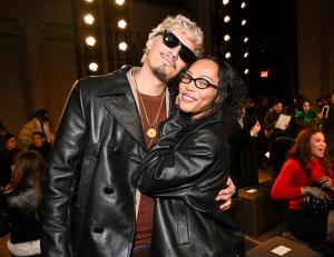 Omar Apollo and Quenlin Blackwell at the Coach fashion show as part of RTW Fall 2026 held at Cipriani on February 11, 2026 in New York, New York.