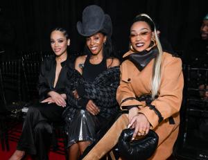 Bianca Lawson, June Ambrose and Monica at the LaQuan Smith fashion show as part of RTW Fall 2026 held at Chelsea Industrial on February 14, 2026 in New York, New York.