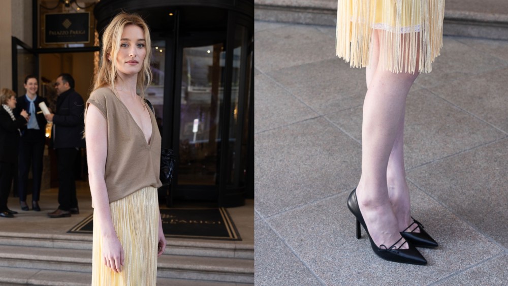 On Thursday, Sarah Pidgeon attended the Prada fall 2026 show in the label's bow-adorned heels.