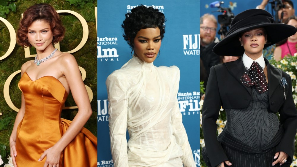 Zendaya during the 82nd Annual Golden Globes held at The Beverly Hilton on Jan. 5, 2025 in Beverly Hills, California; Teyana Taylor at the 41st Santa Barbara International Film Festival - Virtuosos Award held at Arlington Theatre on Feb. 8, 2026 in Santa Barbara, California; Rihanna attends the 2025 Met Gala Celebrating "Superfine: Tailoring Black Style" at Metropolitan Museum of Art on May 5, 2025 in New York City.