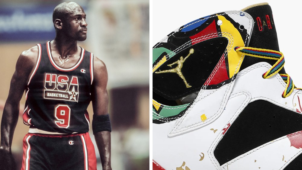 Michael Jordan and the Air Jordan 7 "Miró" that released in 2008 to commemorate him and the Dream Team.